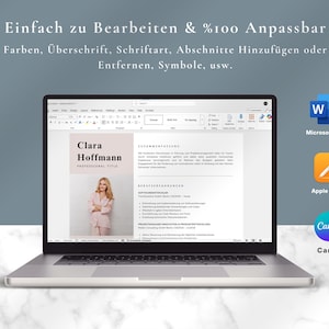 May include: A laptop displaying a resume template with the name "Clara Hoffmann." The screen shows text in German, with icons for Microsoft Word, Apple Pages, and Canva. The text above the laptop reads "Einfach zu Bearbeiten & %100 Anpassbar."