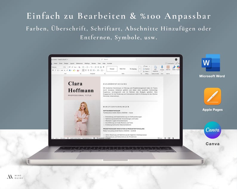 May include: A laptop displaying a resume template with the name "Clara Hoffmann." The screen shows text in German, with icons for Microsoft Word, Apple Pages, and Canva. The text above the laptop reads "Einfach zu Bearbeiten & %100 Anpassbar."