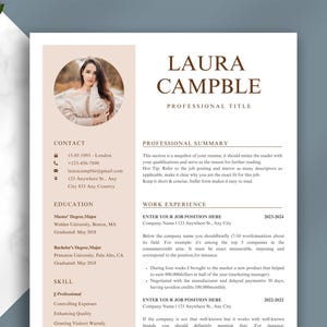May include: A resume template featuring a woman's photo in a beige circle. The document includes sections for contact details, education, skills, professional summary, and work experience. The text is in a brown serif font on a white background.