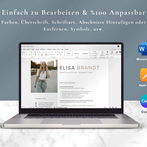 May include: A laptop displaying a resume template with the name "ELISA BRANDT". The screen shows text in German, with icons for Microsoft Word, Apple Pages, and Canva. The text at the top says "Easy to edit & 100% customizable".