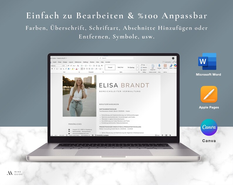 May include: A laptop displaying a resume template with the name "ELISA BRANDT". The screen shows text in German, with icons for Microsoft Word, Apple Pages, and Canva. The text at the top says "Easy to edit & 100% customizable".
