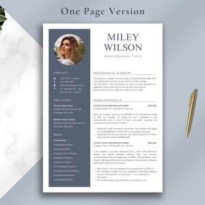 May include: A professional resume template with a photo, contact details, education, skills, and work experience sections. The template is in a clean, modern design with a gray and white color scheme. A gold pen rests on the side.