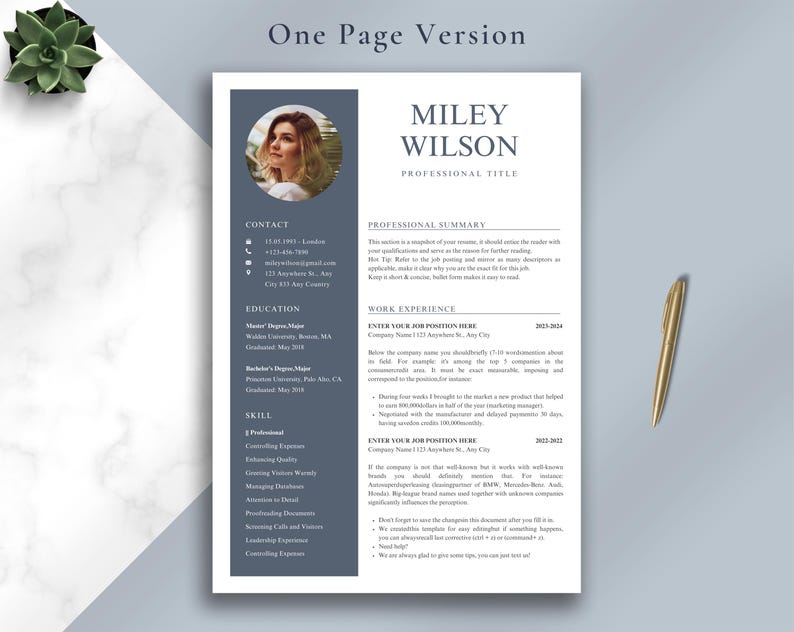 May include: A professional resume template with a photo, contact details, education, skills, and work experience sections. The template is in a clean, modern design with a gray and white color scheme. A gold pen rests on the side.