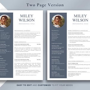 May include: A two-page resume template with a professional design. The resume features a headshot, contact information, skills, work experience, and certifications. The text "Two Page Version" and "Easy to Edit and Customize to Fit Your Needs" are displayed.