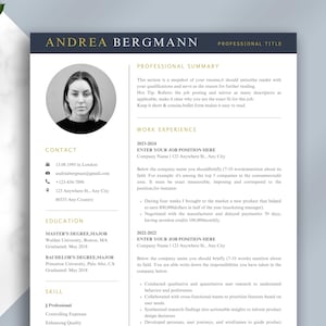 May include: A resume template with a professional design. The document features a headshot, contact information, education, skills, and work experience sections. The name "ANDREA BERGMANN" is at the top, with the words "PROFESSIONAL TITLE" above the resume content.