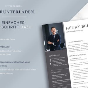 May include: A modern resume template with a professional design. The resume features a photo of a man in a suit, along with sections for personal details, education, and work experience. The text includes German phrases.