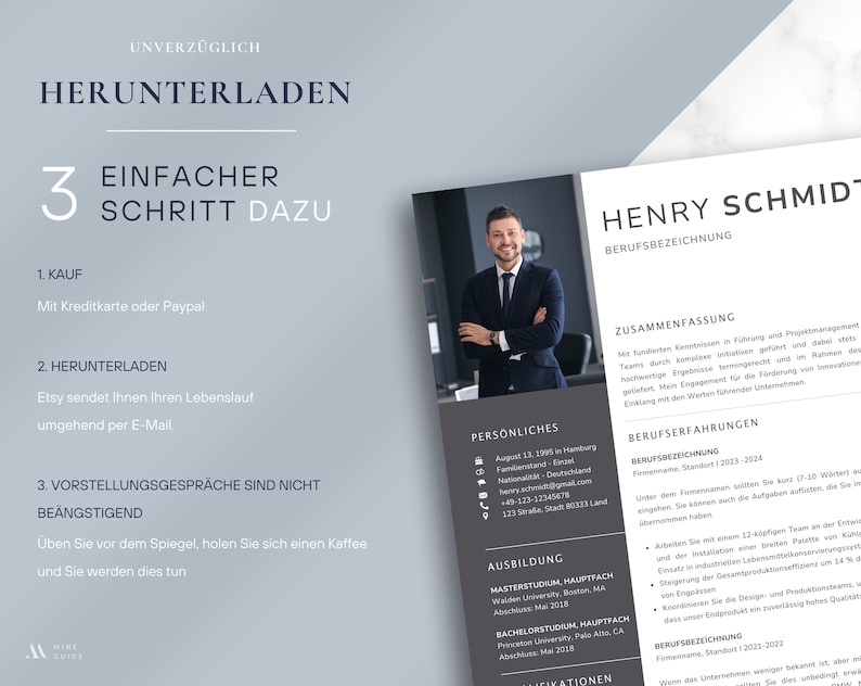 May include: A modern resume template with a professional design. The resume features a photo of a man in a suit, along with sections for personal details, education, and work experience. The text includes German phrases.