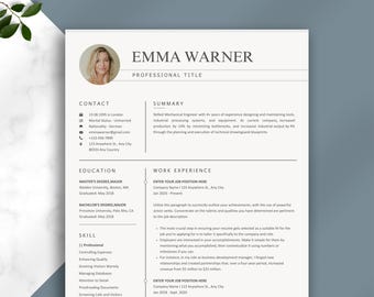 Professional Resume Template with photo, Cv Template Resume Canva, Word & Pages, Modern Resume Templates 2025, 1-2 Page Minimalist CV