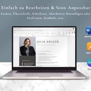 May include: A laptop displays a resume template with the name "JULIA KRUGER" and the title "BEREICHSLEITER VERWALTUNG". The image includes the text "Einfach zu Bearbeiten & %100 Anpassbar" and icons for Microsoft Word, Apple Pages, and Canva.