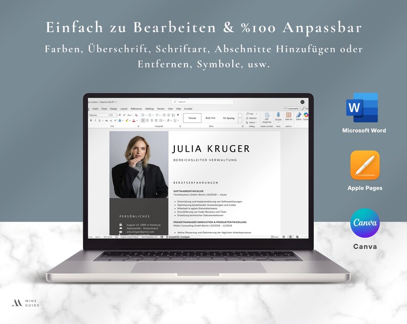 May include: A laptop displays a resume template with the name "JULIA KRUGER" and the title "BEREICHSLEITER VERWALTUNG". The image includes the text "Einfach zu Bearbeiten & %100 Anpassbar" and icons for Microsoft Word, Apple Pages, and Canva.