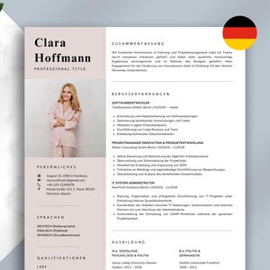May include: A resume template with a photo of a woman in a pink outfit. The document includes sections for professional title, summary, work experience, personal details, languages, and qualifications. The German flag is in the upper right corner.