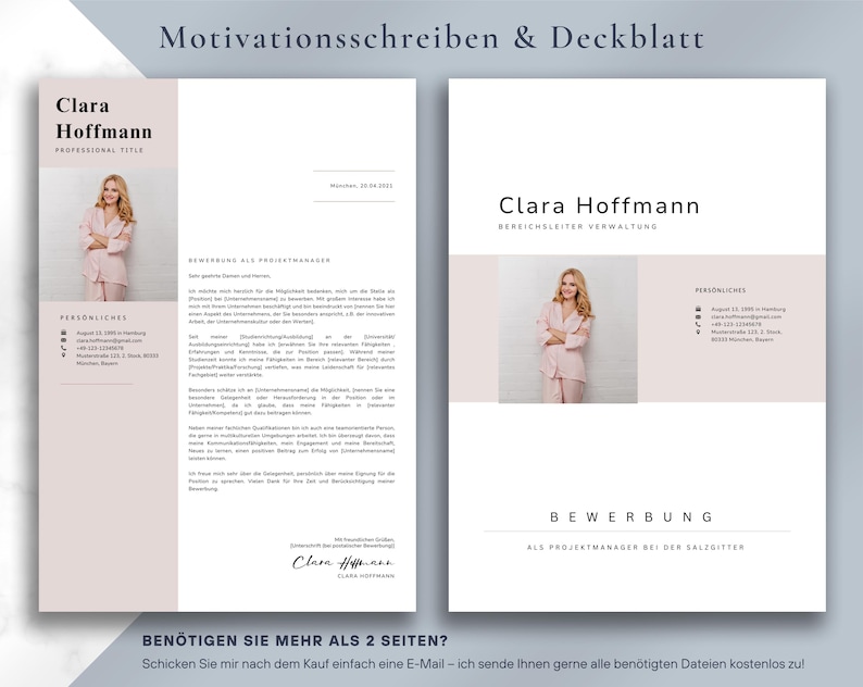 May include: A two-page resume template with a photo of a woman in a pink outfit. The text includes the name "Clara Hoffmann" and the words "Motivationsschreiben & Deckblatt" and "Bewebung".