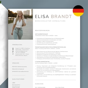 May include: A professional resume template with a photo of a woman in a white top and jeans. The resume includes sections for personal details, languages, qualifications, and work experience. The text is in German.