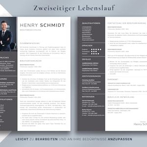 May include: A two-page resume template with a professional design. The left side features a photo of a man in a suit, personal details, education, and qualifications. The right side includes work experience, skills, and references. The text "Zweiseitiger Lebenslauf" is at the top.