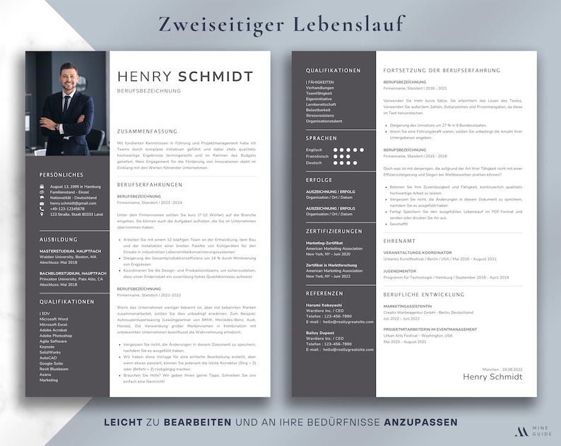 May include: A two-page resume template with a professional design. The left side features a photo of a man in a suit, personal details, education, and qualifications. The right side includes work experience, skills, and references. The text "Zweiseitiger Lebenslauf" is at the top.