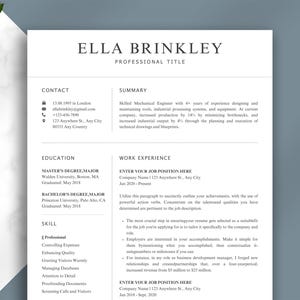 Pode incluir: Um modelo de currículo com o nome ELLA BRINKLEY no topo. O currículo inclui seções para informações de contato, educação, habilidades e experiência profissional. O currículo é impresso em papel branco com um design minimalista.