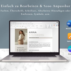 Puede incluir: Un port&aacute;til muestra una plantilla de curr&iacute;culum vitae con el nombre "ANNA STEINBERG". El texto superior dice "Einfach zu Bearbeiten & %100 Anpassbar". Se ven iconos de Microsoft Word, Apple Pages y Canva. El port&aacute;til est&aacute; sobre una superficie de m&aacute;rmol.