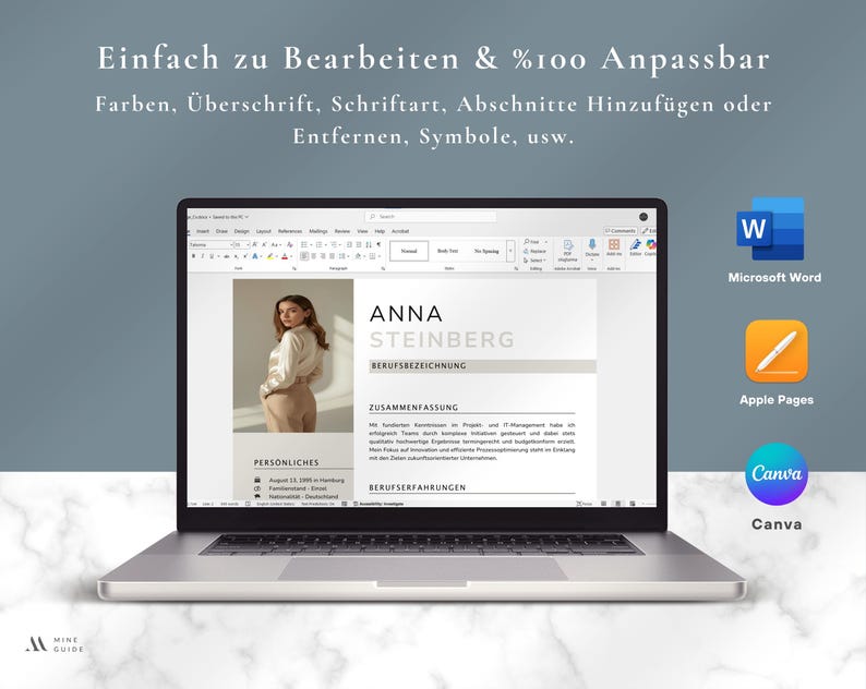 Puede incluir: Un port&aacute;til muestra una plantilla de curr&iacute;culum vitae con el nombre "ANNA STEINBERG". El texto superior dice "Einfach zu Bearbeiten & %100 Anpassbar". Se ven iconos de Microsoft Word, Apple Pages y Canva. El port&aacute;til est&aacute; sobre una superficie de m&aacute;rmol.