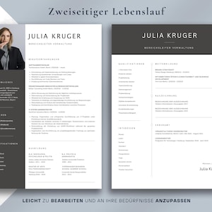 May include: A two-page resume template with a photo of a woman on the left side. The resume is in black and white with sections for personal information, qualifications, and work experience. The text includes the name "Julia Kruger" and the title "Bereichsleiter Verwaltung".