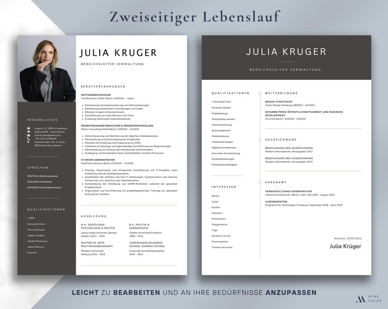 May include: A two-page resume template with a photo of a woman on the left side. The resume is in black and white with sections for personal information, qualifications, and work experience. The text includes the name "Julia Kruger" and the title "Bereichsleiter Verwaltung".