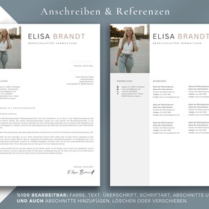 May include: A two-page resume template with a photo of a woman. The text includes the name "ELISA BRANDT" and the title "BEREICHSLEITER VERWALTUNG". The document is in shades of gray and white, with text in a sans-serif font. The bottom of the document has the text "%100 BEARBEITBAR".