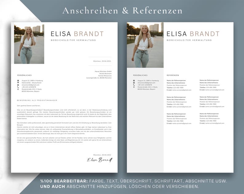 May include: A two-page resume template with a photo of a woman. The text includes the name "ELISA BRANDT" and the title "BEREICHSLEITER VERWALTUNG". The document is in shades of gray and white, with text in a sans-serif font. The bottom of the document has the text "%100 BEARBEITBAR".