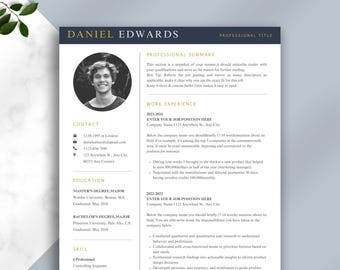 Minimalist Resume Template with Photo | Modern CV Template | Professional Resume Design | Instant Download | Editable Word, Canva and Pages