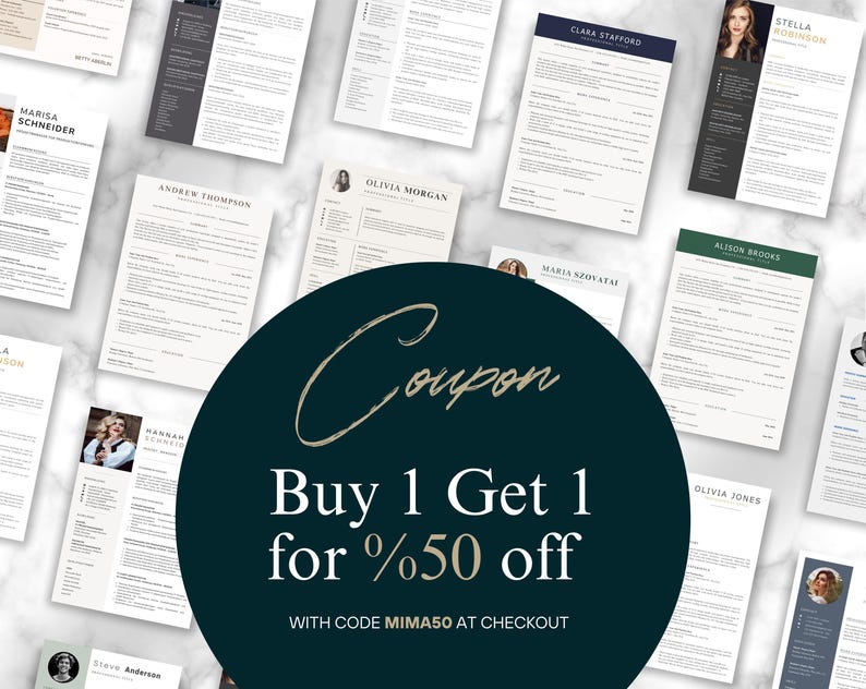 May include: A collection of resume templates with various designs and layouts. Each resume features a headshot and personal information. A dark teal circle with the text "Coupon" and "Buy 1 Get 1 for %50 off" is in the foreground.