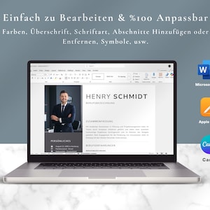 May include: A laptop displays a resume template with the name "Henry Schmidt" and the text "Zusammenfassung" and "Berufserfahrungen". The screen also shows the text "Einfach zu Bearbeiten & %100 Anpassbar". Icons for Microsoft Word, Apple Pages, and Canva are visible.