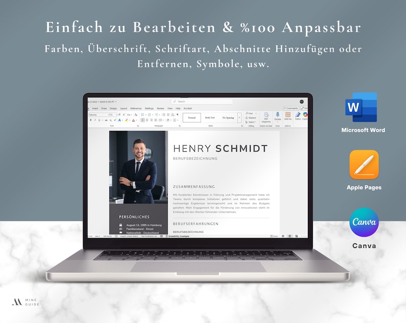 May include: A laptop displays a resume template with the name "Henry Schmidt" and the text "Zusammenfassung" and "Berufserfahrungen". The screen also shows the text "Einfach zu Bearbeiten & %100 Anpassbar". Icons for Microsoft Word, Apple Pages, and Canva are visible.
