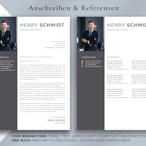May include: A two-page resume template with a professional design. The left page features a photo of a man in a suit, personal details, and a section for a cover letter. The right page includes references. Text at the bottom reads "100% EDITABLE: COLOR, TEXT, HEADING, FONT, SECTIONS ETC."