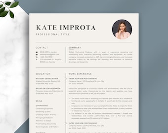 Resume Template Canva with Cover Letter, 1 Page Cv Template Canva + 2 page resume for Canva, Minimalist Resume Professional Cv with photo
