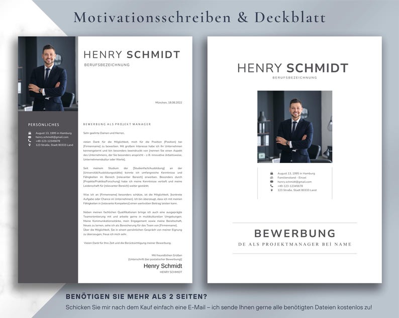 May include: Two-page resume template with a professional design. The left page has a dark gray sidebar with the name "HENRY SCHMIDT" and the text "PERS&Ouml;NLICHES". The right page has the name "HENRY SCHMIDT" and the word "BEWERBUNG". The text "Motivationsschreiben & Deckblatt" is at the top.