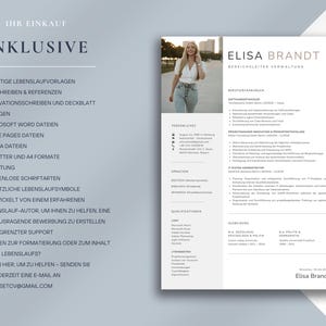 May include: A resume template with the name "Elisa Brandt" at the top. The resume includes sections for professional experience, education, and skills. The left side lists included items such as resume templates, cover letters, and free fonts.