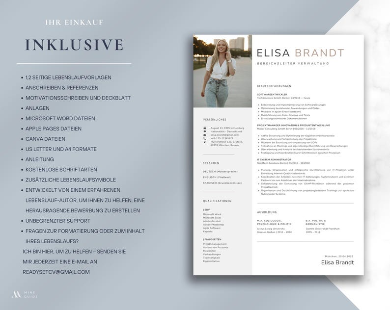 May include: A resume template with the name "Elisa Brandt" at the top. The resume includes sections for professional experience, education, and skills. The left side lists included items such as resume templates, cover letters, and free fonts.