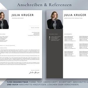 May include: A two-page resume template with a photo of a woman. The left page is white with black text, including the name "JULIA KRUGER" and the title "PERSONALREFERENT." The right page has a gray sidebar and the name "JULIA KRUGER" with the title "BEREICHSLEITER VERWALTUNG."