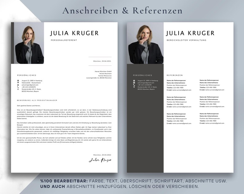 May include: A two-page resume template with a photo of a woman. The left page is white with black text, including the name "JULIA KRUGER" and the title "PERSONALREFERENT." The right page has a gray sidebar and the name "JULIA KRUGER" with the title "BEREICHSLEITER VERWALTUNG."
