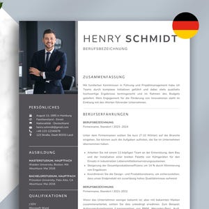 May include: A professional resume template with a photo of a smiling man in a suit. The resume is in a two-column layout with sections for personal details, education, and work experience. The German flag is in the upper right corner.