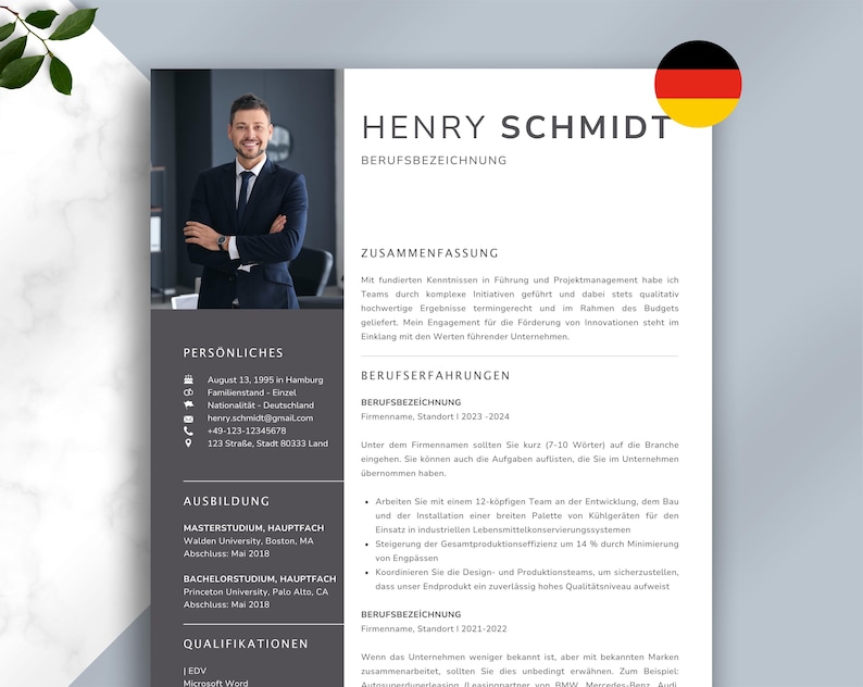 May include: A professional resume template with a photo of a smiling man in a suit. The resume is in a two-column layout with sections for personal details, education, and work experience. The German flag is in the upper right corner.