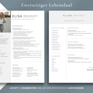 May include: A two-page resume template with a photo of a woman on the left side. The resume is in a minimalist design with headings and sections for personal information, skills, and experience. The text "Elisa Brandt" is at the top.
