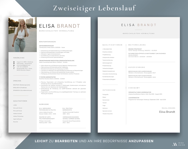 May include: A two-page resume template with a photo of a woman on the left side. The resume is in a minimalist design with headings and sections for personal information, skills, and experience. The text "Elisa Brandt" is at the top.