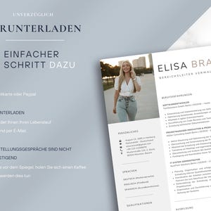 May include: A resume template with the name "Elisa Brandt" in a modern font. The resume includes sections for professional experience, personal details, and languages. The image also includes instructions in German for downloading the resume.