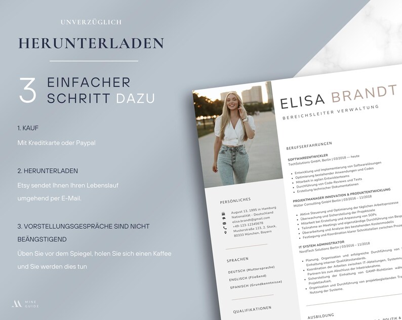 May include: A resume template with the name "Elisa Brandt" in a modern font. The resume includes sections for professional experience, personal details, and languages. The image also includes instructions in German for downloading the resume.