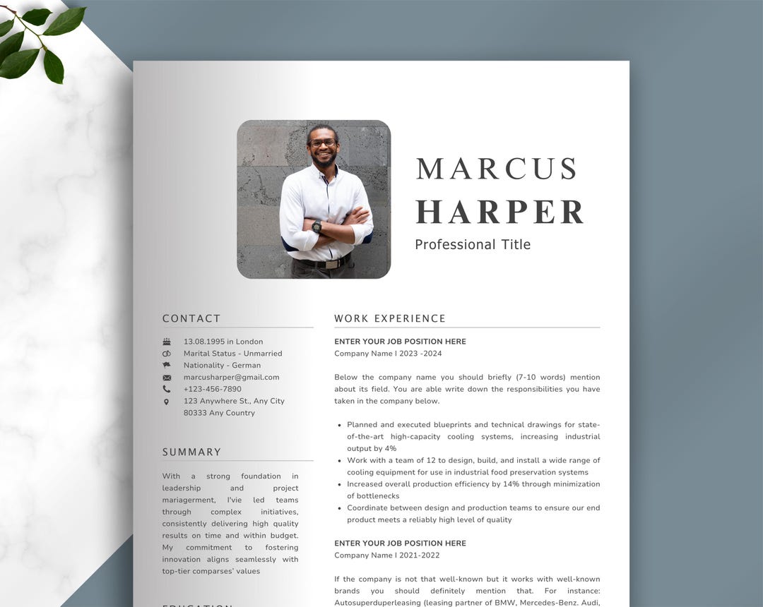 Creative Resume Template With Photo: Modern CV & Cover Letter - Etsy