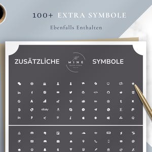 May include: A white paper with a dark gray border displays a collection of white icons and the words "ZUS&Auml;TZLICHE SYMBOLE" and "100+ EXTRA SYMBOLE". A gold pen rests on the paper, and a cup of coffee is in the upper left corner.