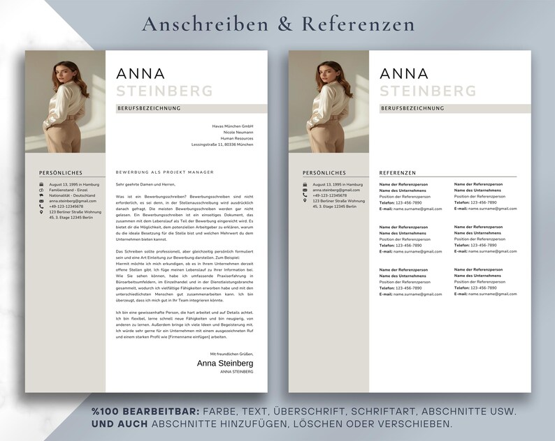 Puede incluir: Plantilla de curr&iacute;culum vitae de dos p&aacute;ginas con una foto de una persona en la parte superior izquierda. El curr&iacute;culum es de estilo minimalista con secciones para informaci&oacute;n personal, experiencia profesional y referencias. El texto incluye "Anna Steinberg" y "Project Manager".