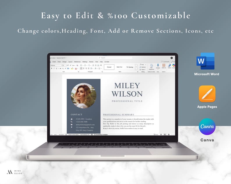 May include: A laptop displaying a resume template with the name "Miley Wilson." The screen shows text: "Easy to Edit & %100 Customizable." Icons for Microsoft Word, Apple Pages, and Canva are also visible. The resume template is designed for professional use.