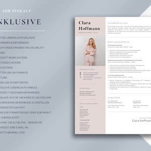 May include: A resume template with the name "Clara Hoffmann" in a modern design. The resume includes sections for professional title, work experience, and education. The left side lists included items such as resume templates, cover letters, and free fonts.