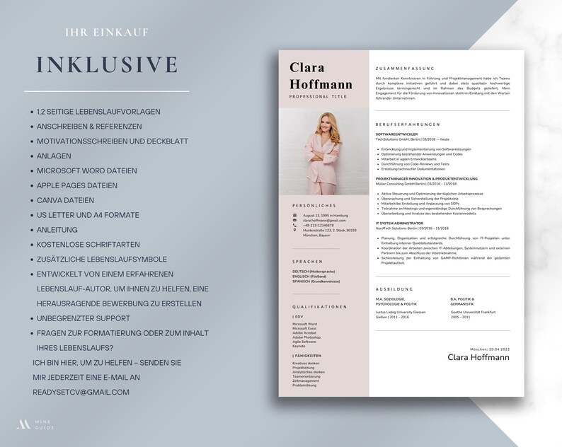 May include: A resume template with the name "Clara Hoffmann" in a modern design. The resume includes sections for professional title, work experience, and education. The left side lists included items such as resume templates, cover letters, and free fonts.