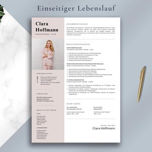 May include: A resume template with the name "Clara Hoffmann" in a modern design. The resume includes sections for professional title, personal details, skills, and experience. A gold pen rests on the right side of the resume.